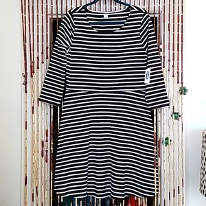 NWT Old Navy Black/White Stripe Dress Fit/Flare Ponte Knit Stretch XL 3/4 Sleeve